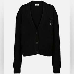 Yves Saint Laurent Black V‑Neck Cashmere Sequin Logo Button Front Cardigan